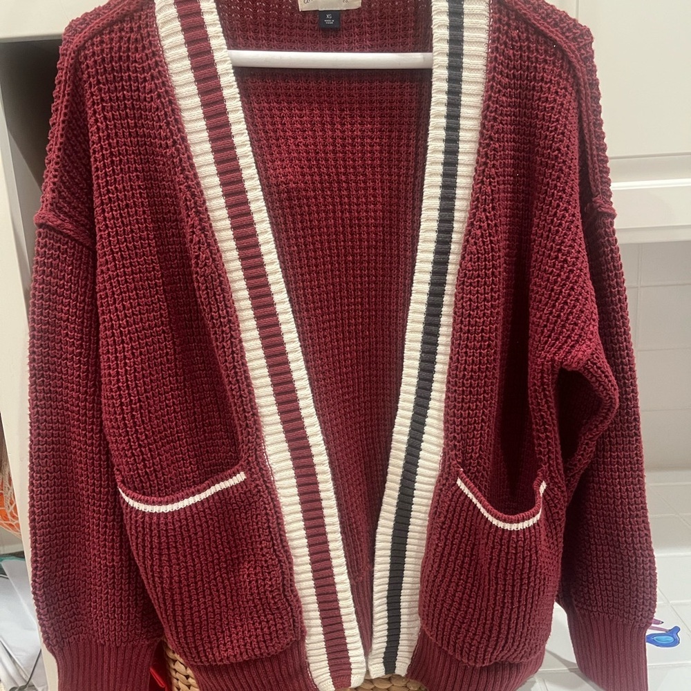 Universal Thread Maroon Cardigan with Striped Trim